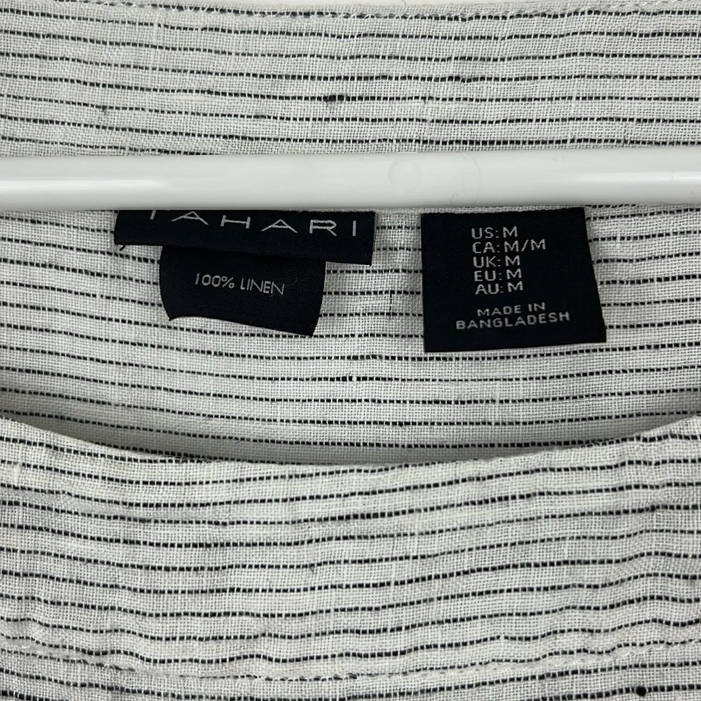 TAHARI 3/4 sleeve pullover top thin black stripes on white linen M - Picture 8 of 9